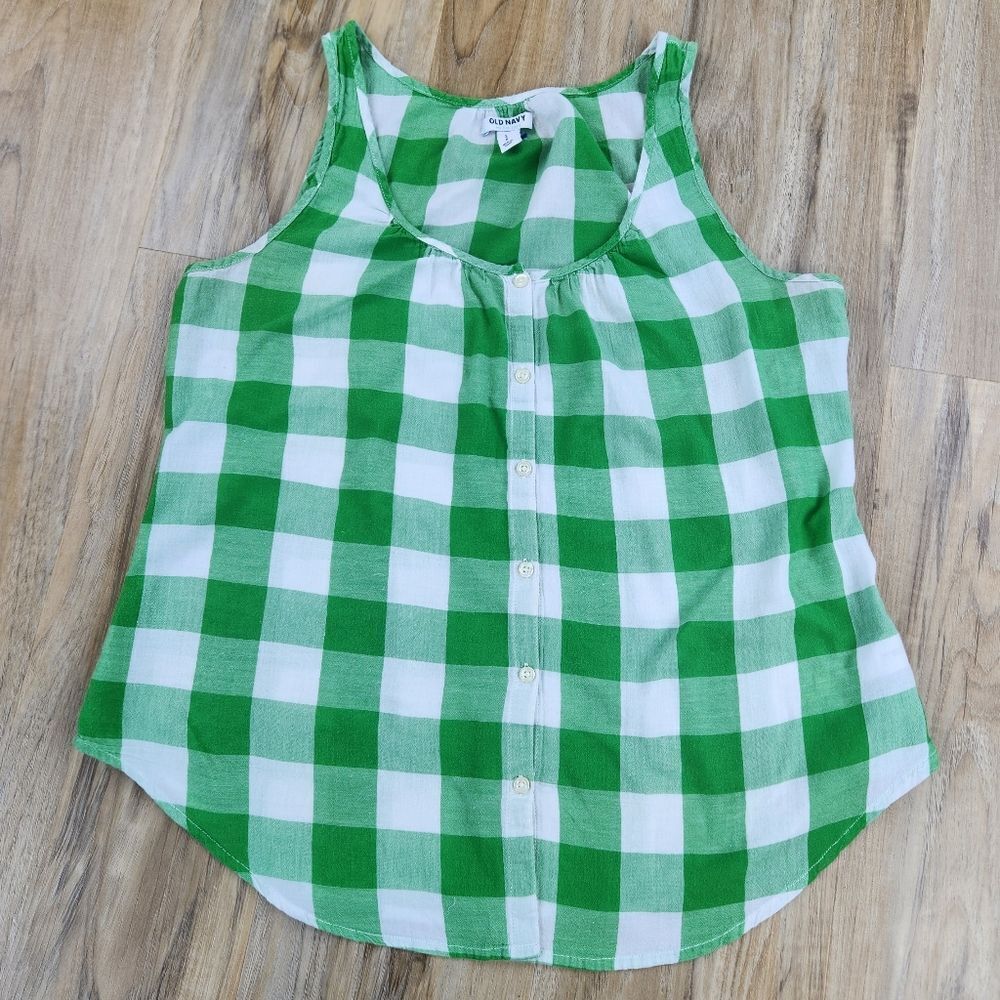🍑Old Navy Green Checkered Buttoned Sleeveless Top Large